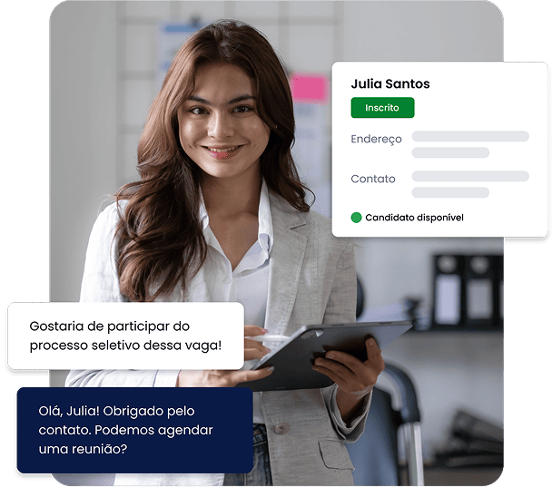 Profissional sorrindo em ambiente corporativo representando candidatos qualificados