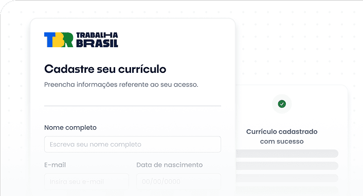 Mockup da interface de cadastro de currículo mostrando formulário preenchido com sucesso